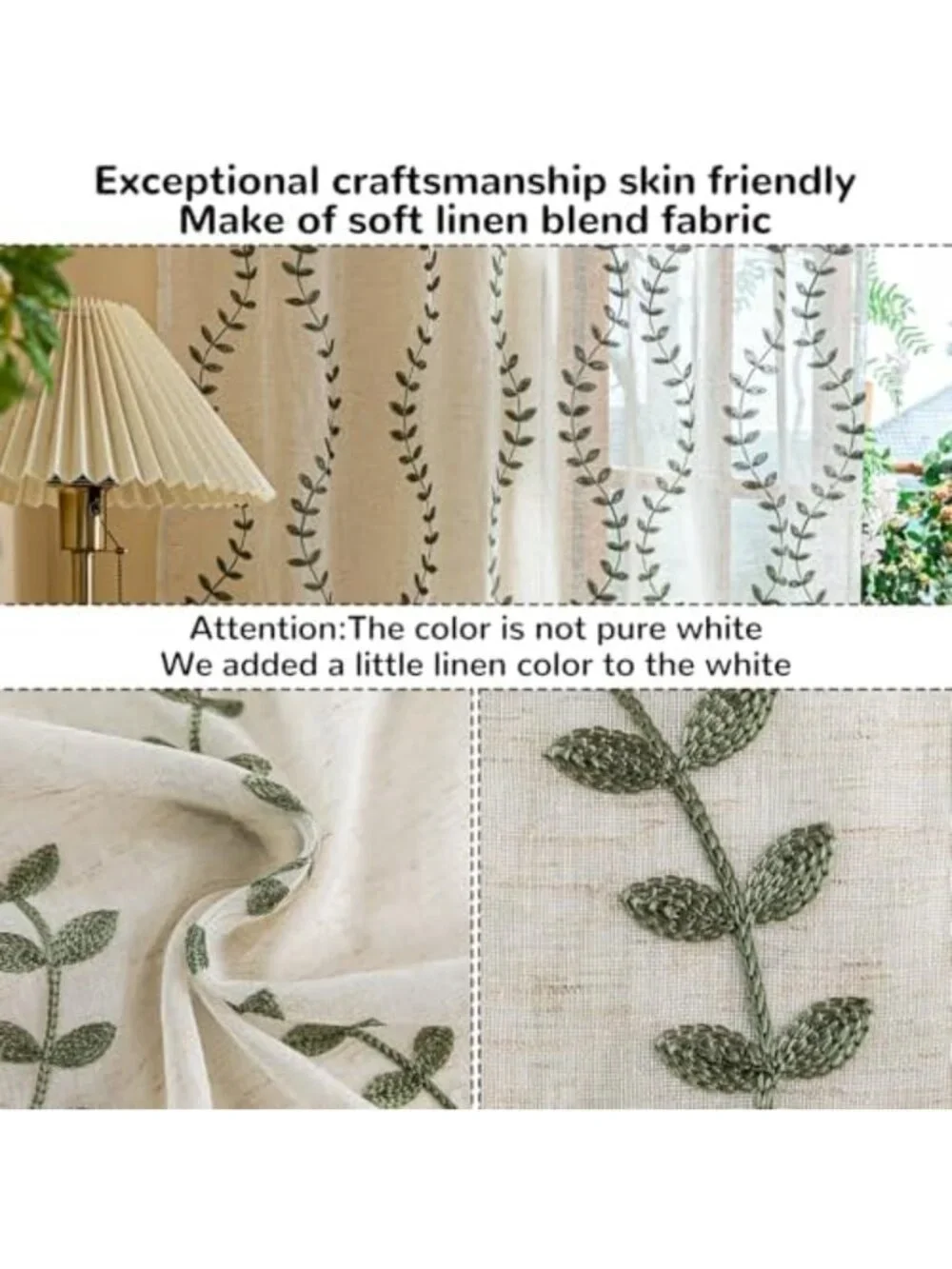 Linen Leaf String Floral Embroidered Semi-Sheer Curtains, Sage Green, 52x63